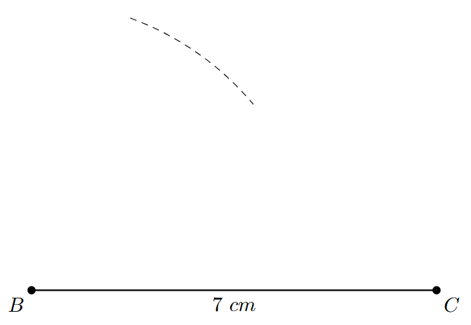 SSS Example Step 2 An arc is drawn above the line segment BC with center B and radius 5 cm.